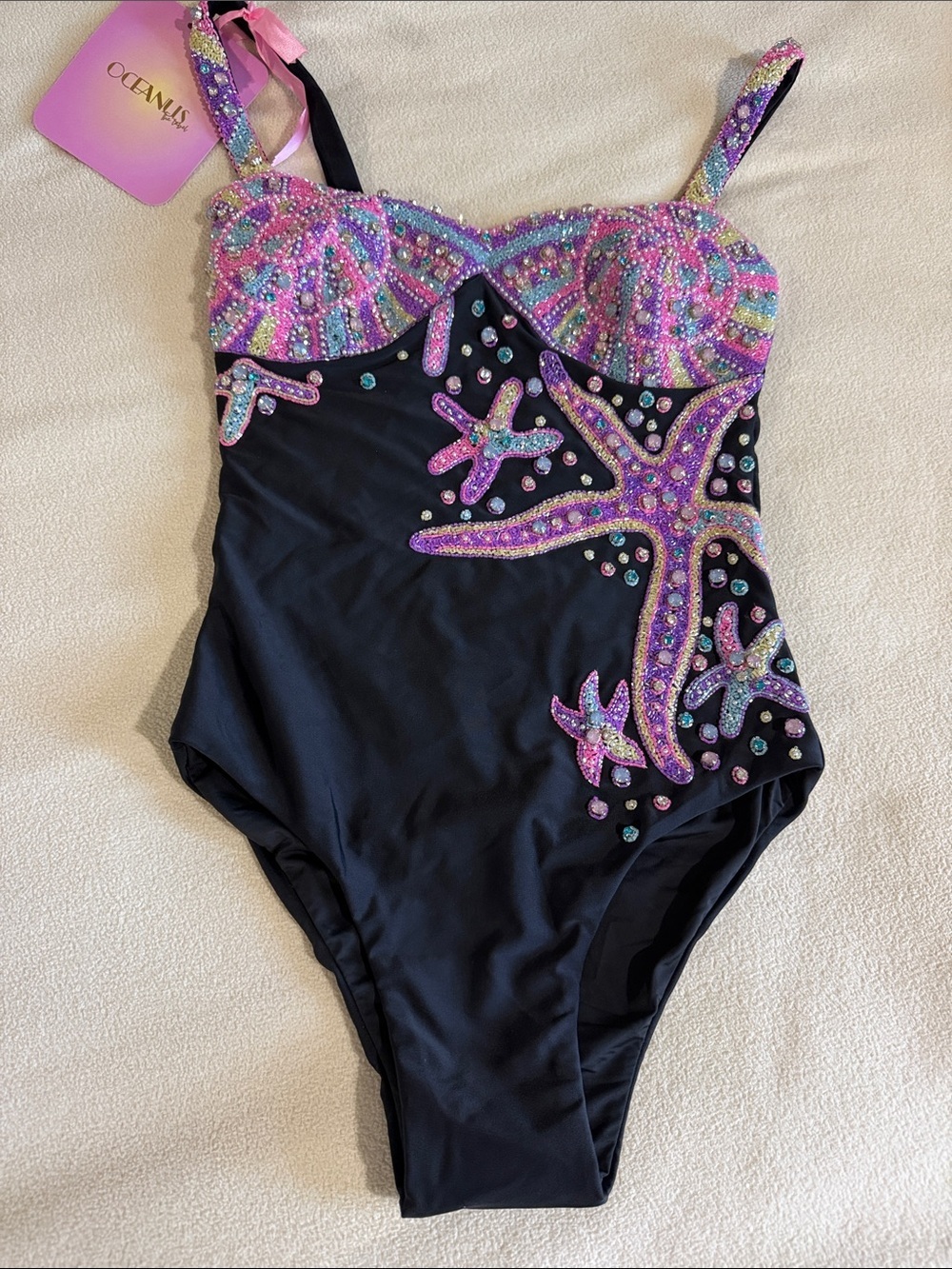 Oceanus goddess new Black One-Piece Swimsuit with Pink Beaded Starfish Accents - Picture 4 of 11
